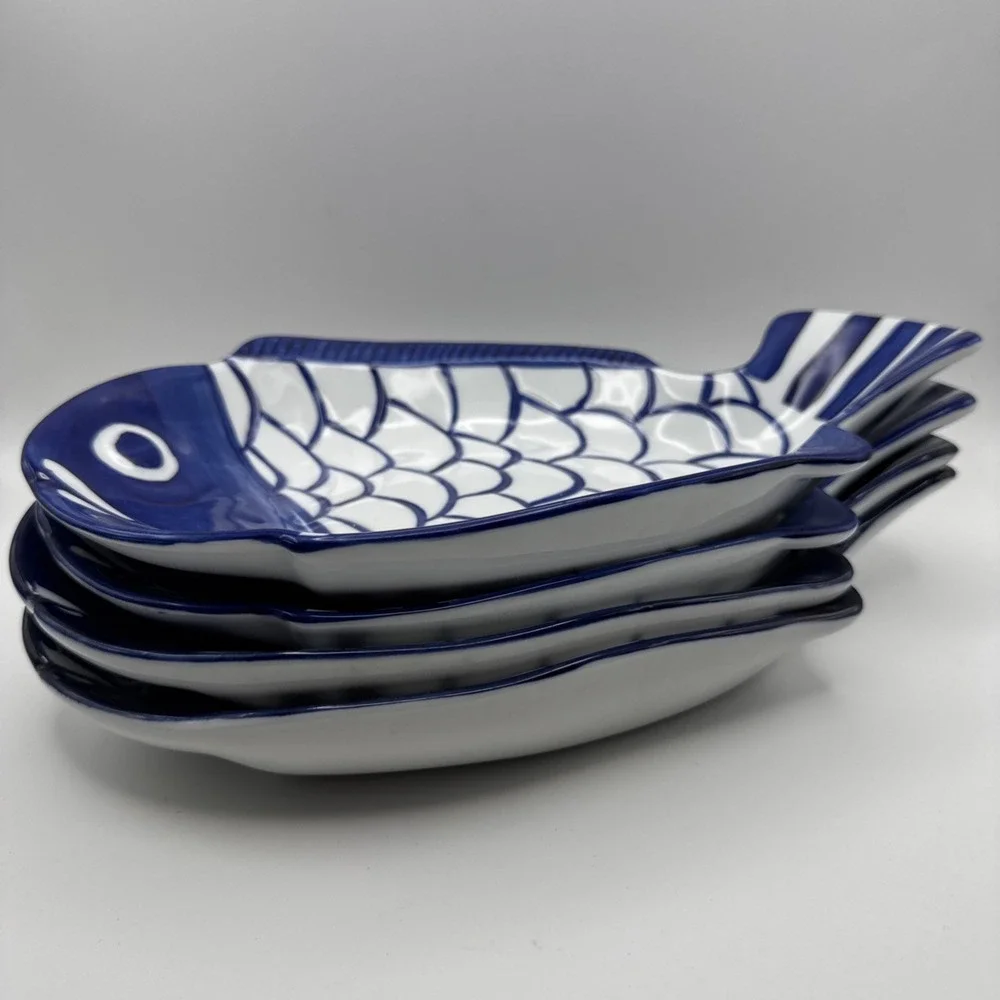 Vintage 90s Dansk Arabesque Fish Bowl Serving Platter Plate Blue & White Set 4